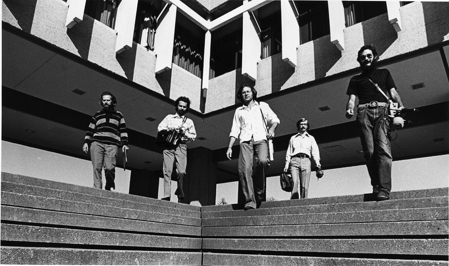 World Soundscape Project group at SFU, 1973 left to right - R. M. Schafer, Bruce Davis, Peter Huse, Barry Truax, Howard Broomfield